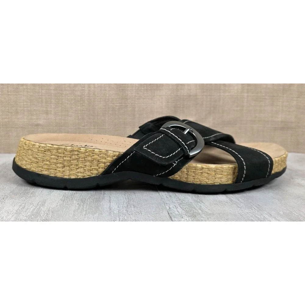 Clarks Reileigh May Black Nubuck Leather‎ Adjustable Slides Sandals Women's 9M